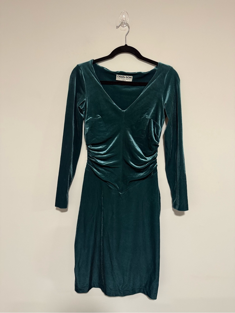 Chiara Boni Teal Velvet V-Neck Ruched Long Sleeve Mini Dress See Measurements
